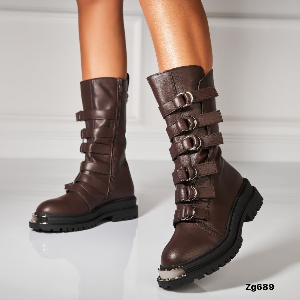 Bota cafe detalle correas suela negro 4cm NC1308 C-77